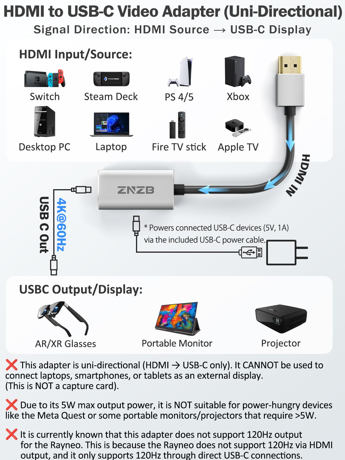 Amazon.com: ZNZB HDMI to USB C Adapter (4K@60Hz) AR Glasses XREAL